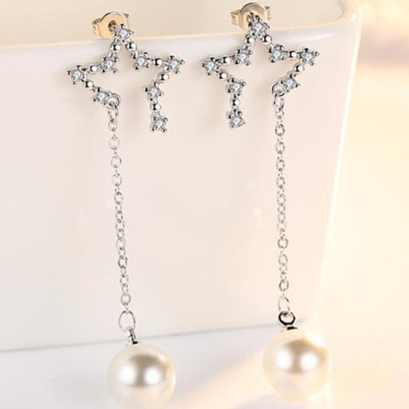 925 Sterling Silver Star Drop Dnagle Earrings I761